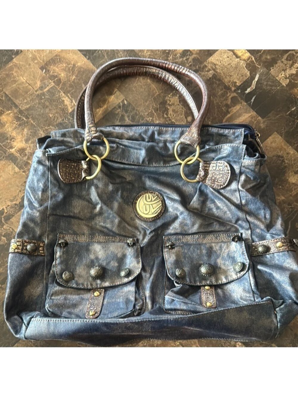 Luvshoes Canada Blue Tote with Brown Accents